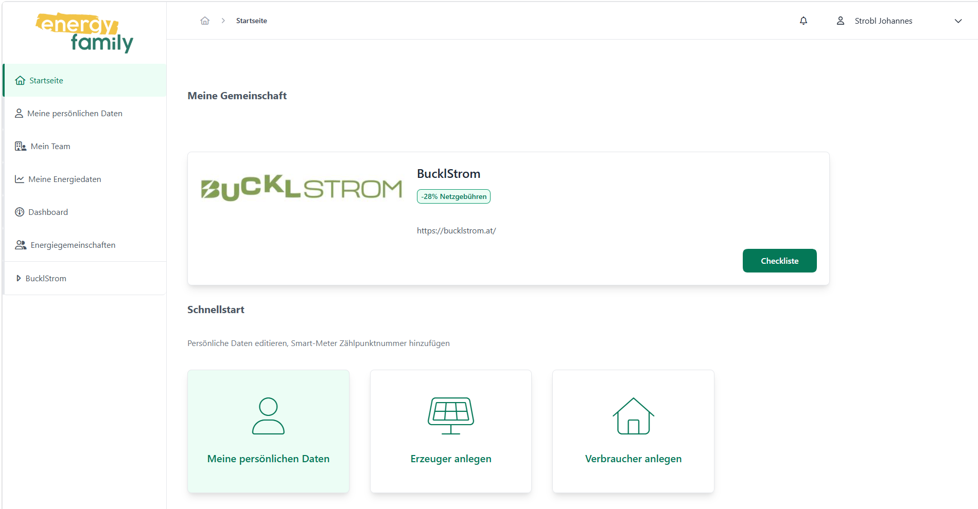 EnergyFamily Startseite mit Registrierungsbereich